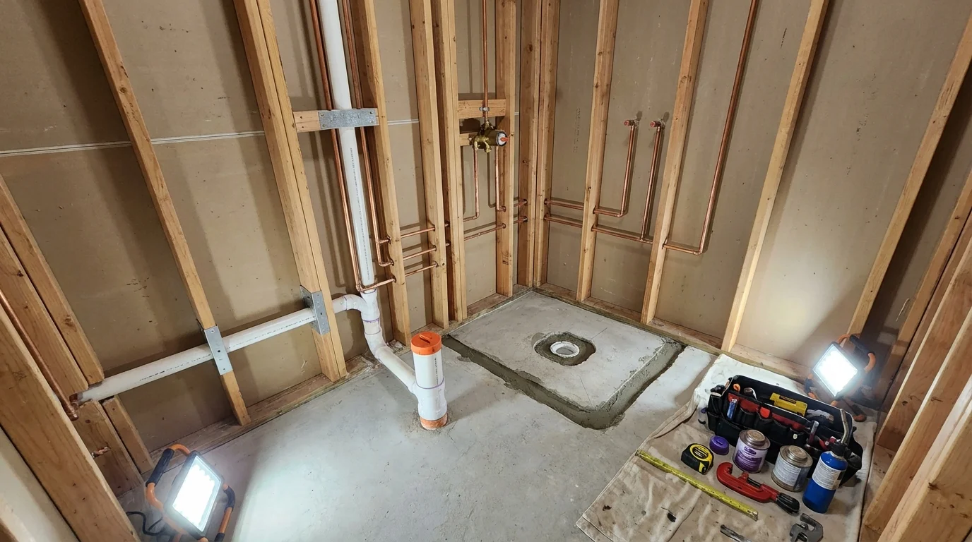 Bathroom rough-in plumbing during remodel by Johns Plumbing LLC in Metcalfe