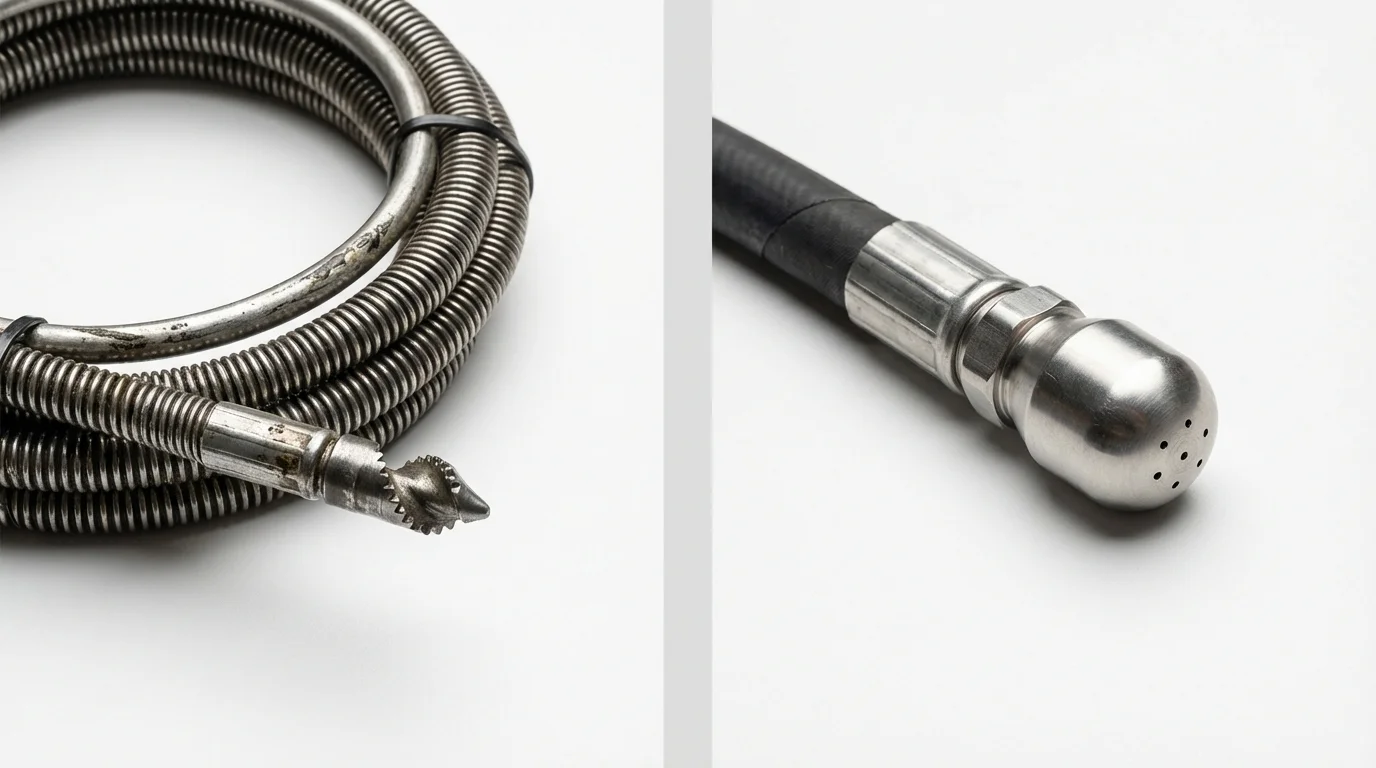 Drain snake cable and hydro jetting nozzle used for drain cleaning in Metcalfe, MS