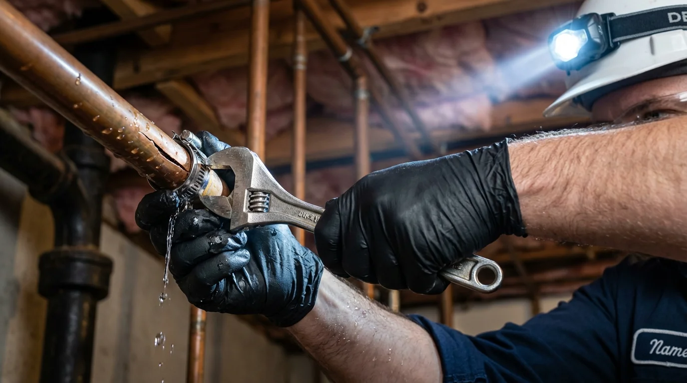 Emergency pipe clamp repair being performed by a Johns Plumbing LLC plumber in Metcalfe