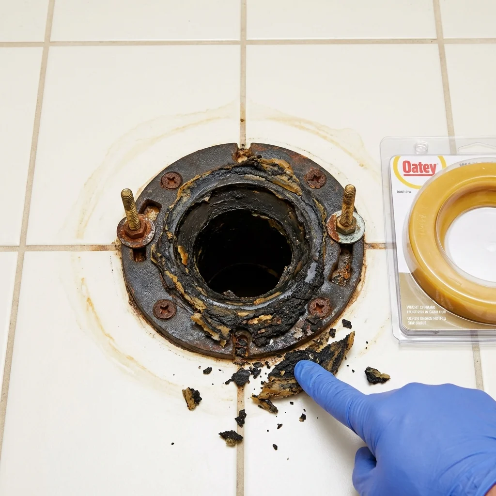 Failed wax ring showing water seepage at the base of a toilet in a Metcalfe, MS home