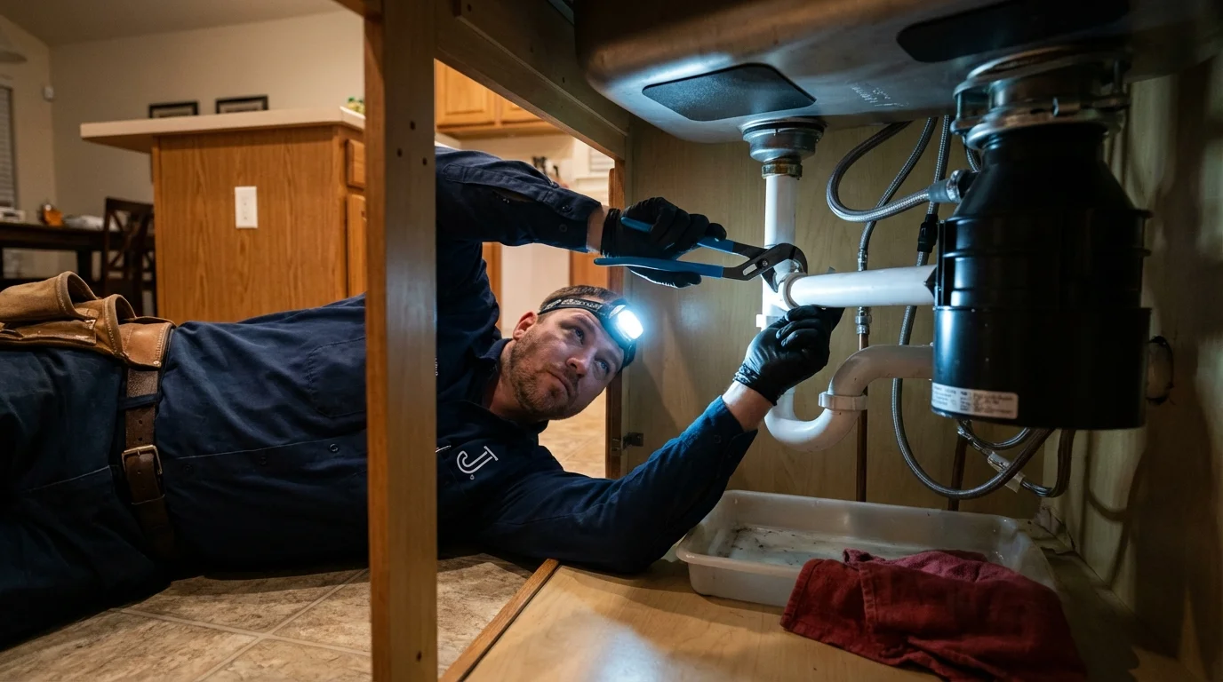 P-trap and supply line connections under a kitchen sink showing a common leak point in Metcalfe, MS